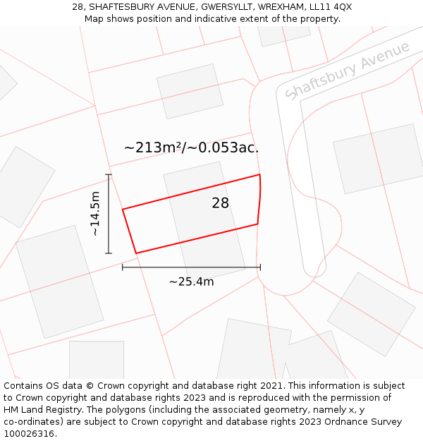 28, SHAFTESBURY AVENUE, GWERSYLLT, WREXHAM, LL11 4QX: Plot and title map