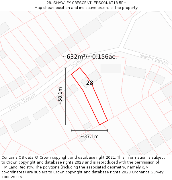 28, SHAWLEY CRESCENT, EPSOM, KT18 5PH: Plot and title map