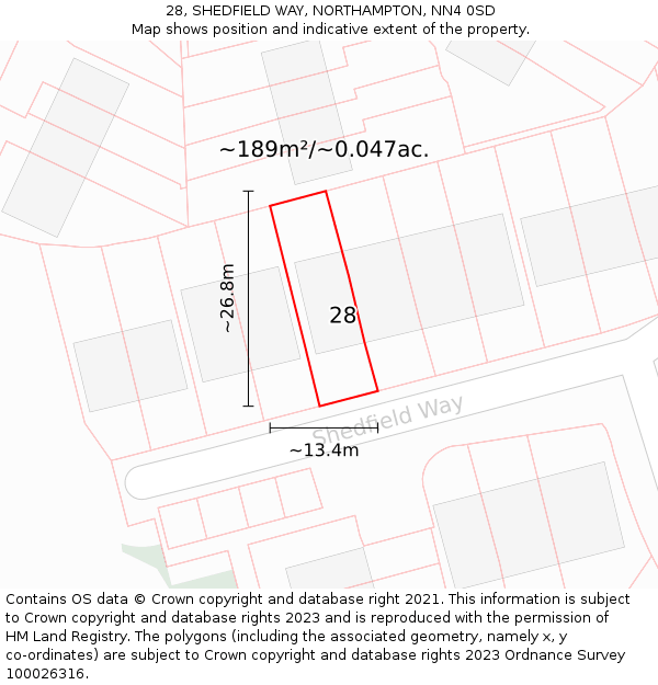 28, SHEDFIELD WAY, NORTHAMPTON, NN4 0SD: Plot and title map