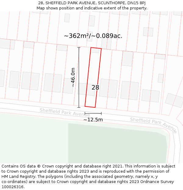 28, SHEFFIELD PARK AVENUE, SCUNTHORPE, DN15 8PJ: Plot and title map