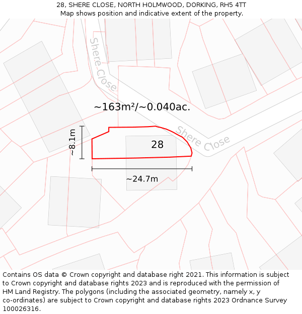 28, SHERE CLOSE, NORTH HOLMWOOD, DORKING, RH5 4TT: Plot and title map