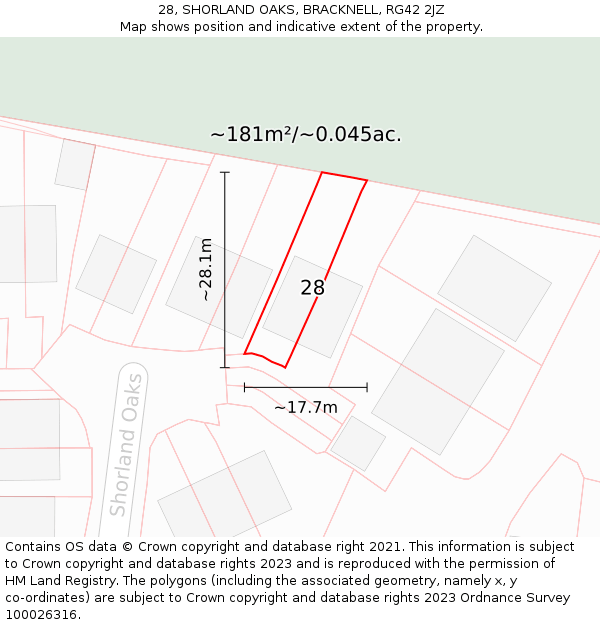 28, SHORLAND OAKS, BRACKNELL, RG42 2JZ: Plot and title map