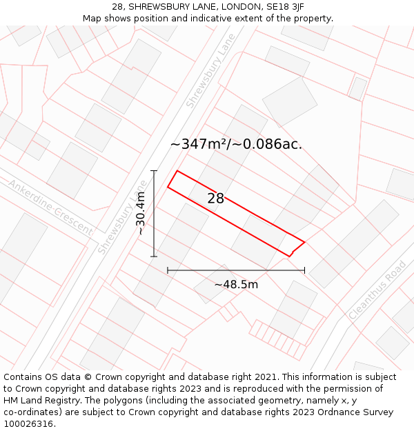 28, SHREWSBURY LANE, LONDON, SE18 3JF: Plot and title map