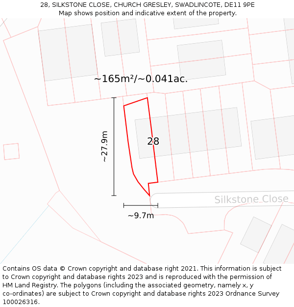 28, SILKSTONE CLOSE, CHURCH GRESLEY, SWADLINCOTE, DE11 9PE: Plot and title map