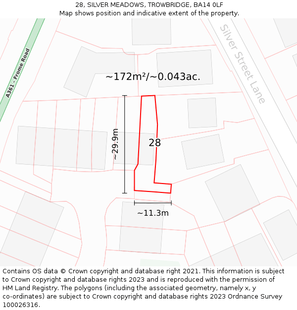 28, SILVER MEADOWS, TROWBRIDGE, BA14 0LF: Plot and title map