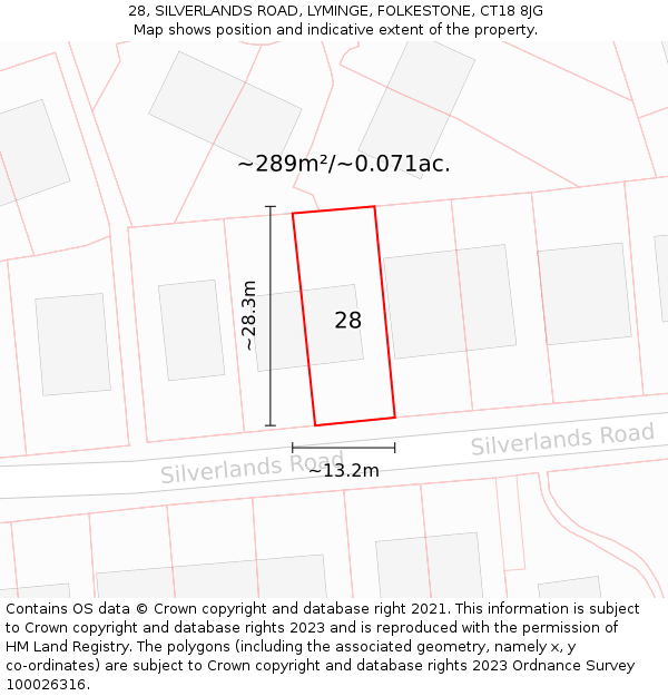 28, SILVERLANDS ROAD, LYMINGE, FOLKESTONE, CT18 8JG: Plot and title map
