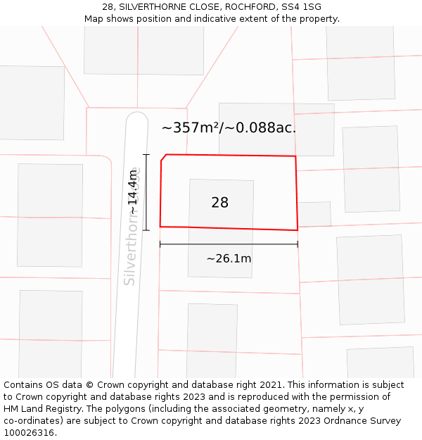 28, SILVERTHORNE CLOSE, ROCHFORD, SS4 1SG: Plot and title map