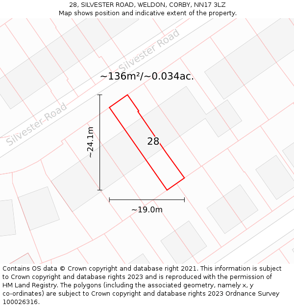 28, SILVESTER ROAD, WELDON, CORBY, NN17 3LZ: Plot and title map