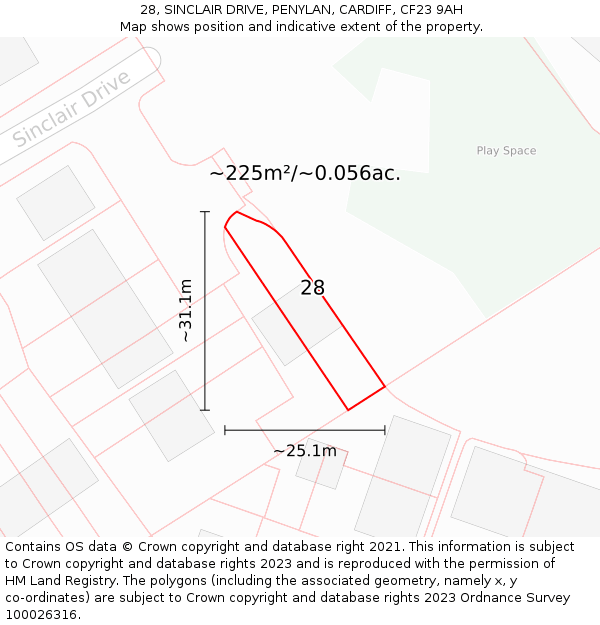 28, SINCLAIR DRIVE, PENYLAN, CARDIFF, CF23 9AH: Plot and title map