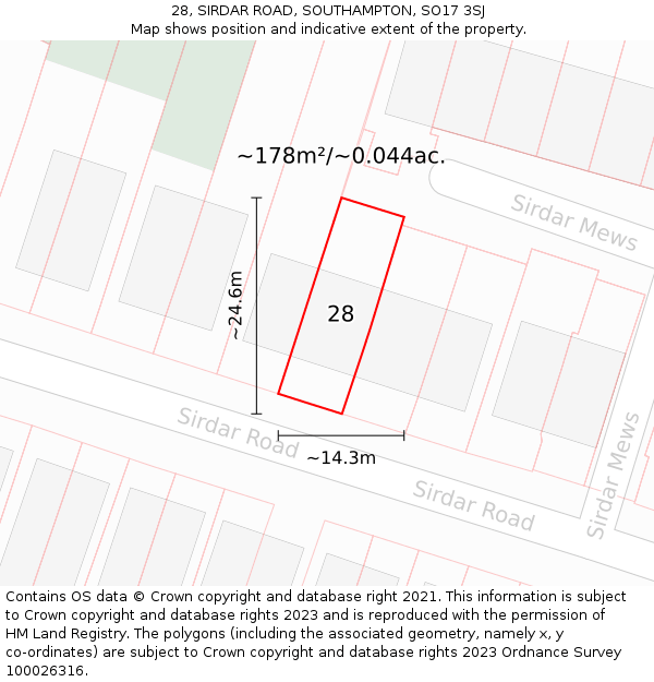 28, SIRDAR ROAD, SOUTHAMPTON, SO17 3SJ: Plot and title map