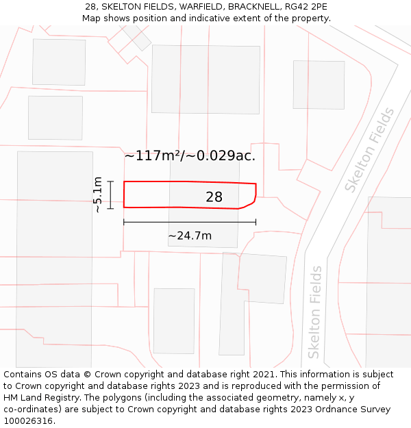 28, SKELTON FIELDS, WARFIELD, BRACKNELL, RG42 2PE: Plot and title map