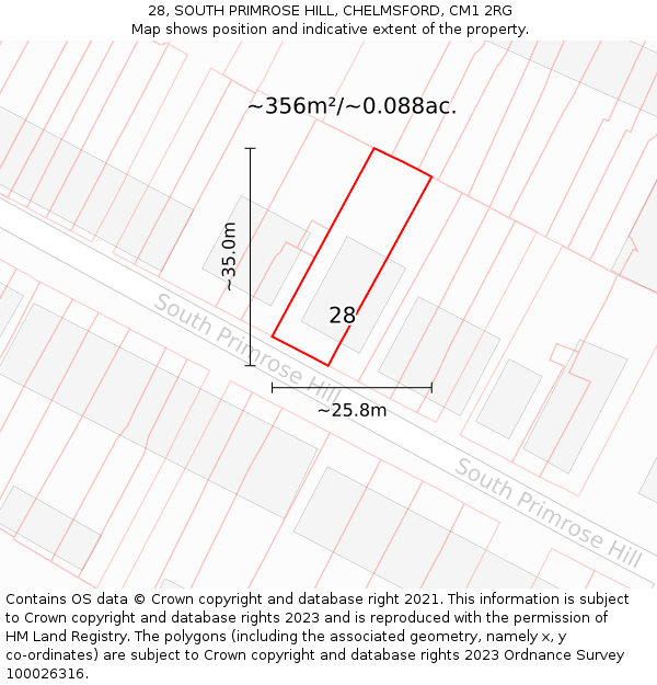 28, SOUTH PRIMROSE HILL, CHELMSFORD, CM1 2RG: Plot and title map