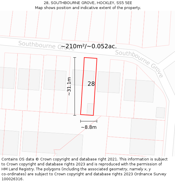 28, SOUTHBOURNE GROVE, HOCKLEY, SS5 5EE: Plot and title map