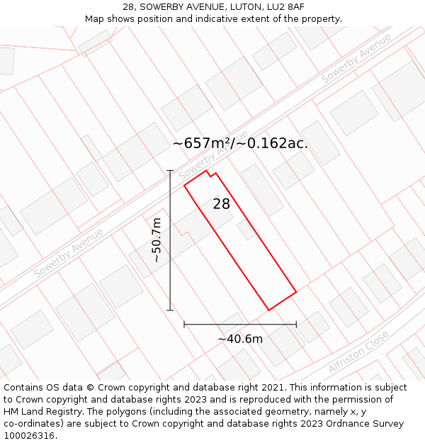 28, SOWERBY AVENUE, LUTON, LU2 8AF: Plot and title map