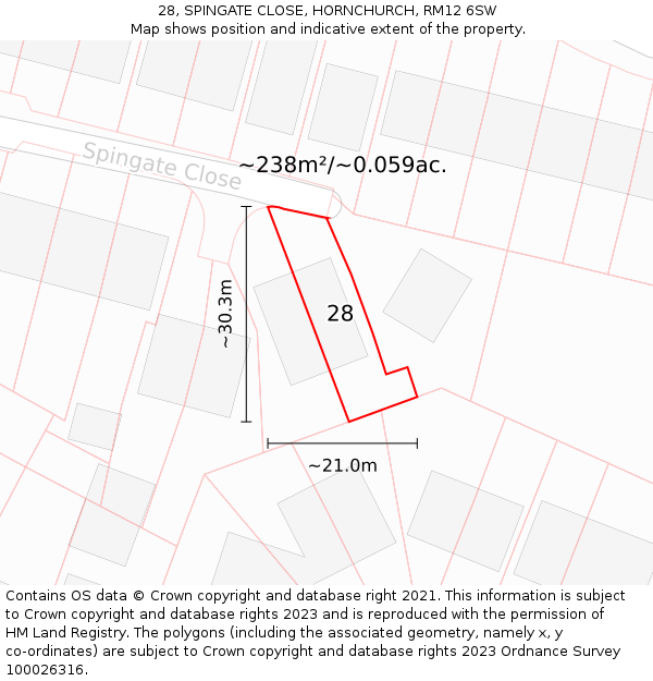 28, SPINGATE CLOSE, HORNCHURCH, RM12 6SW: Plot and title map