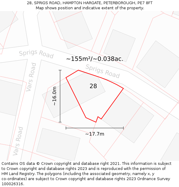 28, SPRIGS ROAD, HAMPTON HARGATE, PETERBOROUGH, PE7 8FT: Plot and title map