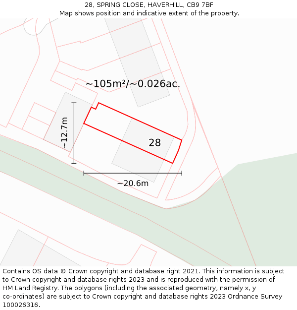28, SPRING CLOSE, HAVERHILL, CB9 7BF: Plot and title map