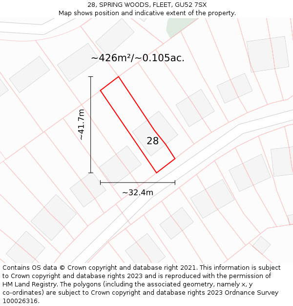 28, SPRING WOODS, FLEET, GU52 7SX: Plot and title map