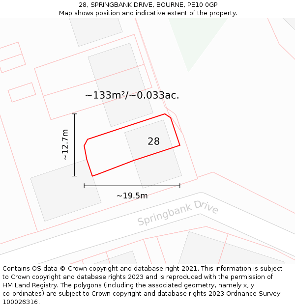 28, SPRINGBANK DRIVE, BOURNE, PE10 0GP: Plot and title map