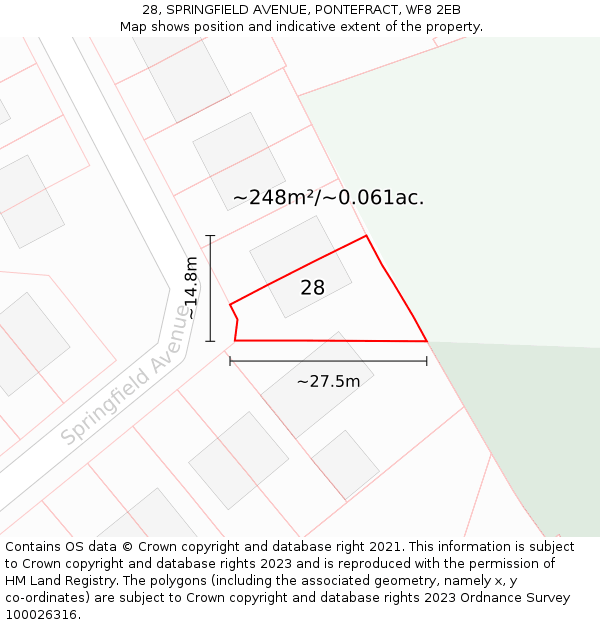 28, SPRINGFIELD AVENUE, PONTEFRACT, WF8 2EB: Plot and title map