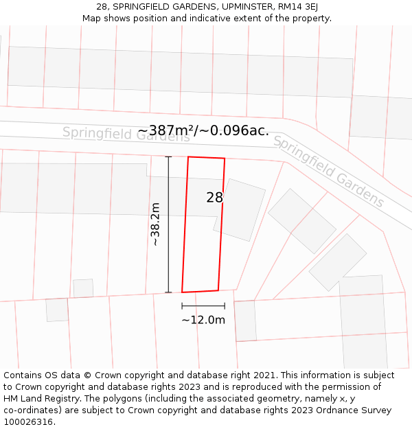 28, SPRINGFIELD GARDENS, UPMINSTER, RM14 3EJ: Plot and title map