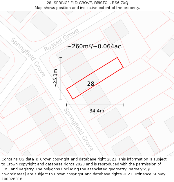 28, SPRINGFIELD GROVE, BRISTOL, BS6 7XQ: Plot and title map