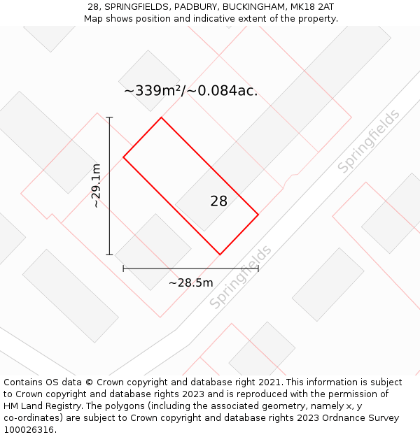 28, SPRINGFIELDS, PADBURY, BUCKINGHAM, MK18 2AT: Plot and title map