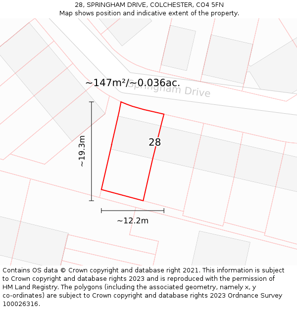 28, SPRINGHAM DRIVE, COLCHESTER, CO4 5FN: Plot and title map