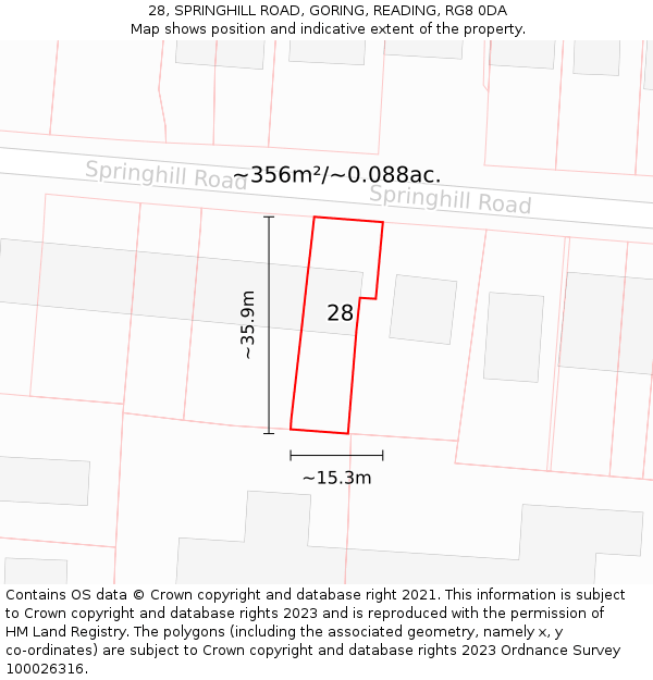 28, SPRINGHILL ROAD, GORING, READING, RG8 0DA: Plot and title map