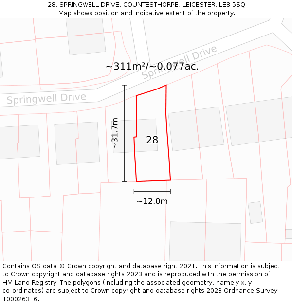 28, SPRINGWELL DRIVE, COUNTESTHORPE, LEICESTER, LE8 5SQ: Plot and title map