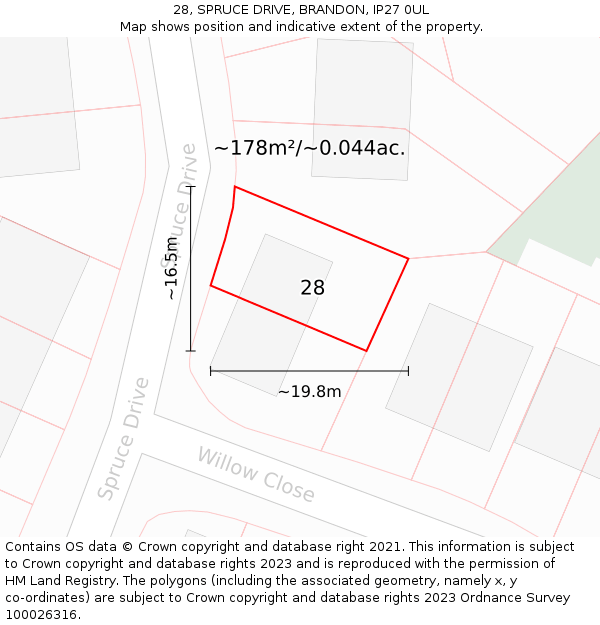 28, SPRUCE DRIVE, BRANDON, IP27 0UL: Plot and title map