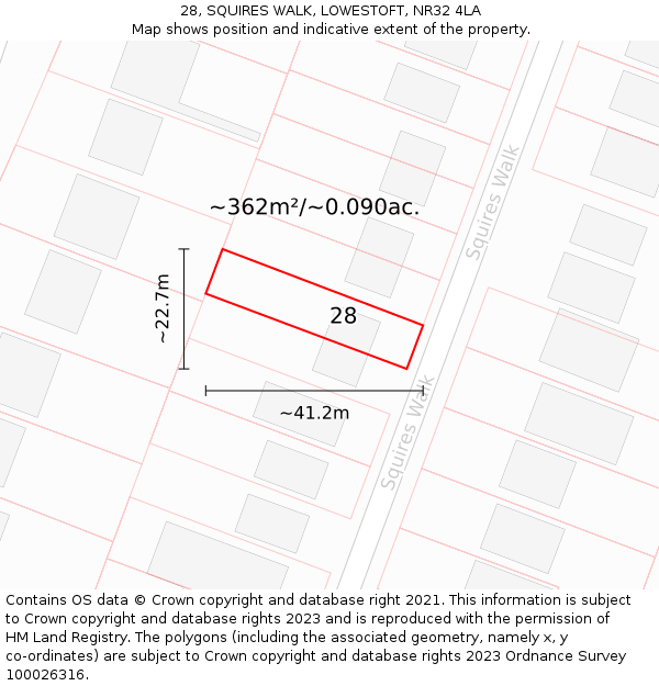 28, SQUIRES WALK, LOWESTOFT, NR32 4LA: Plot and title map