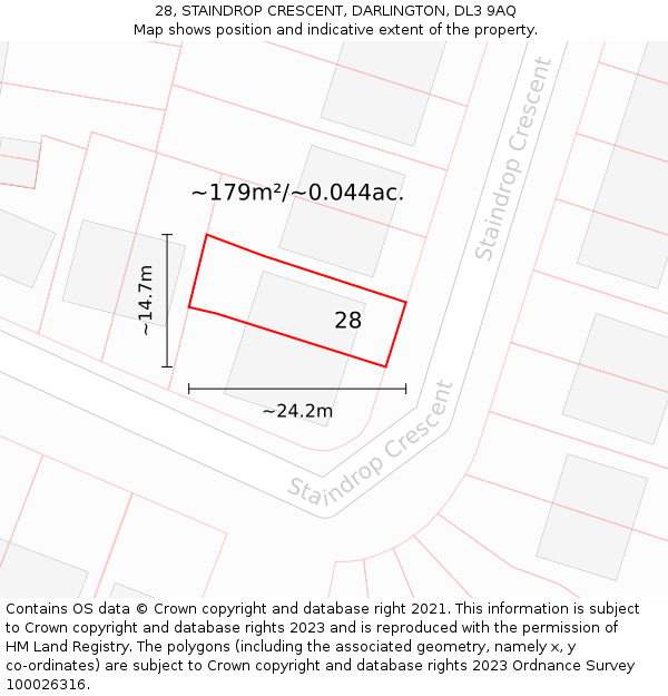 28, STAINDROP CRESCENT, DARLINGTON, DL3 9AQ: Plot and title map