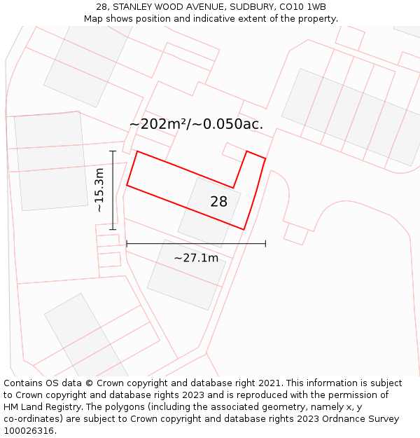 28, STANLEY WOOD AVENUE, SUDBURY, CO10 1WB: Plot and title map