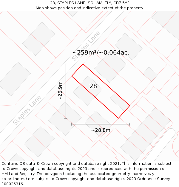 28, STAPLES LANE, SOHAM, ELY, CB7 5AF: Plot and title map