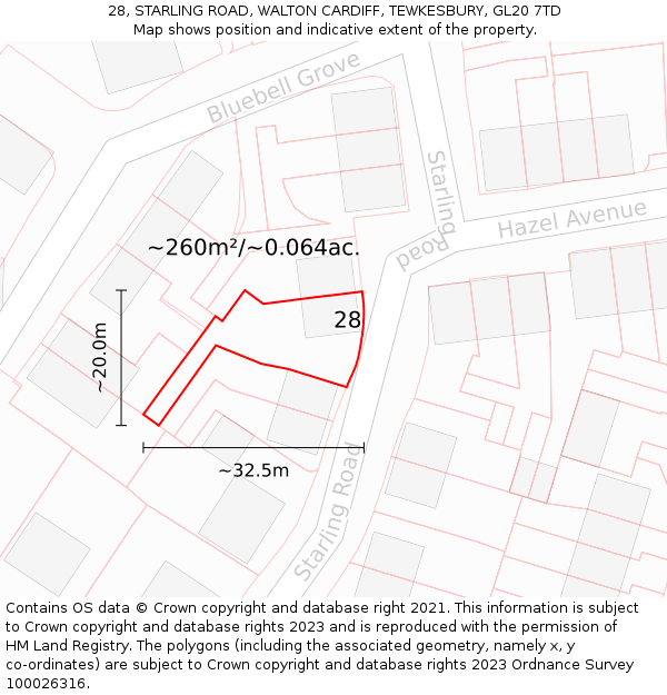 28, STARLING ROAD, WALTON CARDIFF, TEWKESBURY, GL20 7TD: Plot and title map