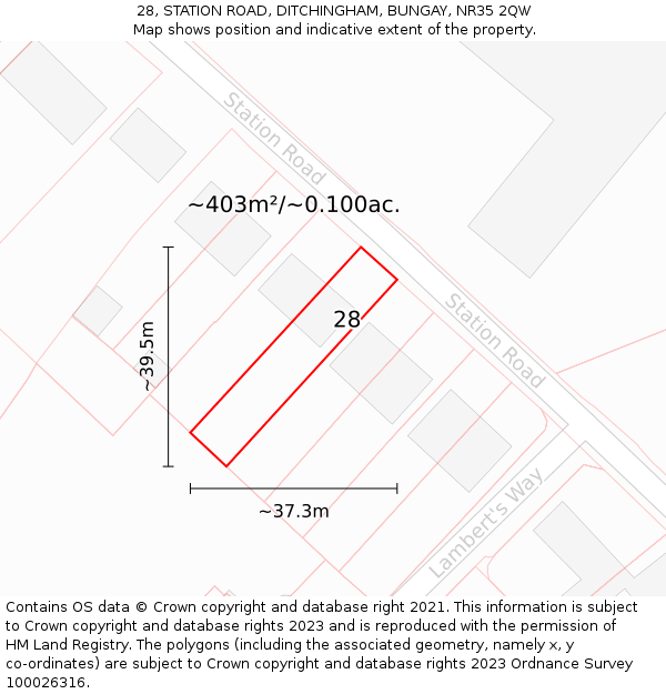 28, STATION ROAD, DITCHINGHAM, BUNGAY, NR35 2QW: Plot and title map