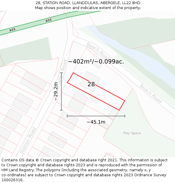 28, STATION ROAD, LLANDDULAS, ABERGELE, LL22 8HD: Plot and title map