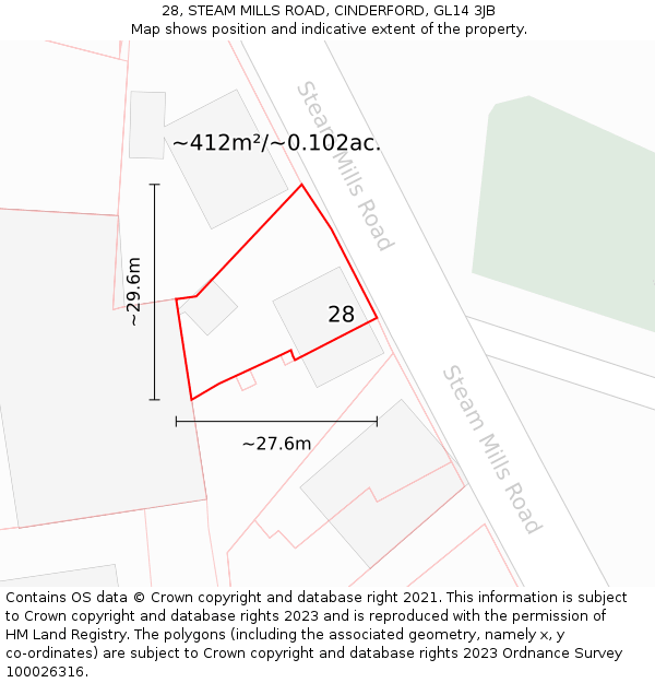 28, STEAM MILLS ROAD, CINDERFORD, GL14 3JB: Plot and title map