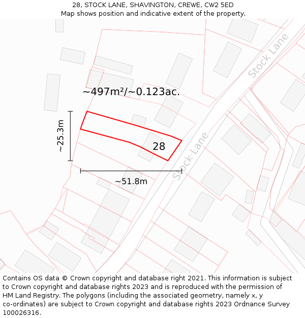 28, STOCK LANE, SHAVINGTON, CREWE, CW2 5ED: Plot and title map