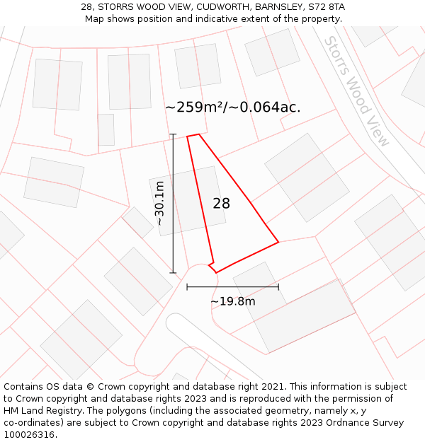 28, STORRS WOOD VIEW, CUDWORTH, BARNSLEY, S72 8TA: Plot and title map
