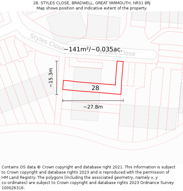28, STYLES CLOSE, BRADWELL, GREAT YARMOUTH, NR31 8RJ: Plot and title map