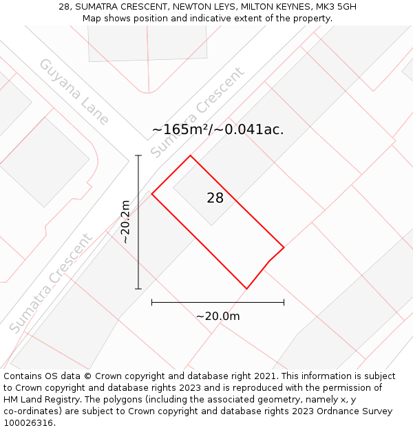 28, SUMATRA CRESCENT, NEWTON LEYS, MILTON KEYNES, MK3 5GH: Plot and title map