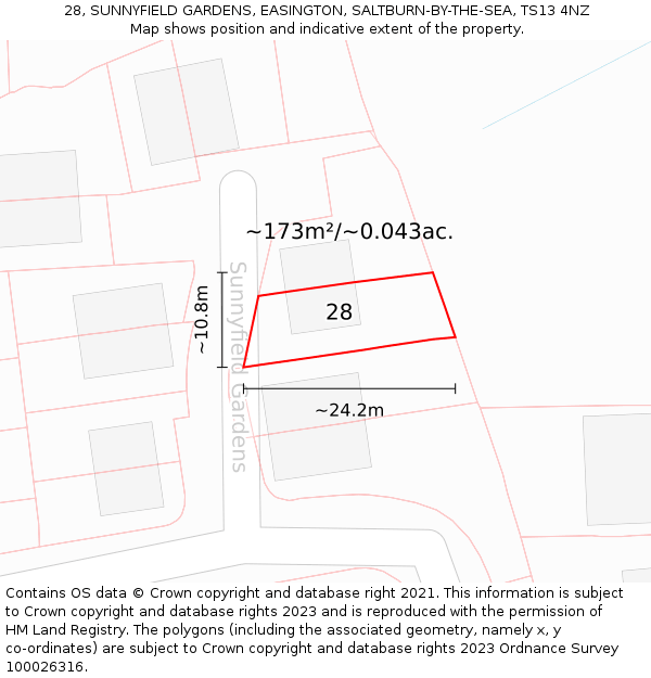 28, SUNNYFIELD GARDENS, EASINGTON, SALTBURN-BY-THE-SEA, TS13 4NZ: Plot and title map