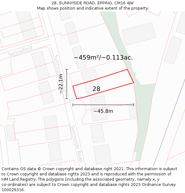 28, SUNNYSIDE ROAD, EPPING, CM16 4JW: Plot and title map