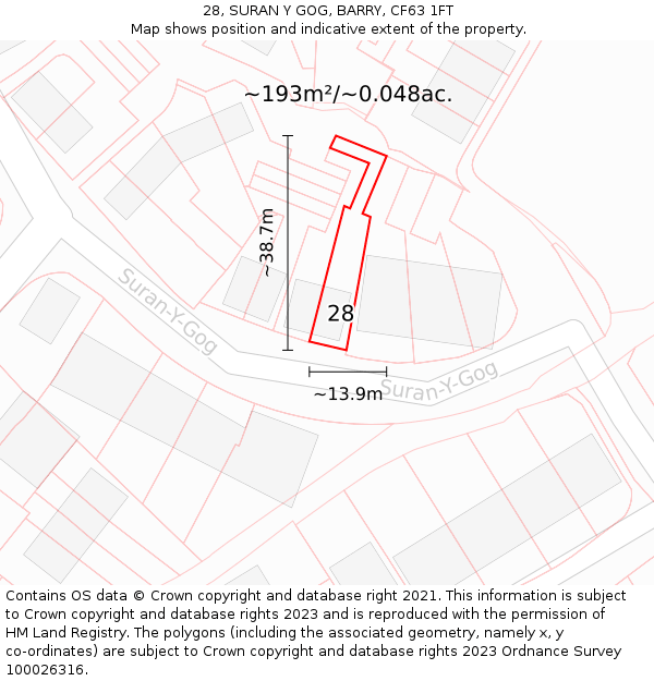 28, SURAN Y GOG, BARRY, CF63 1FT: Plot and title map