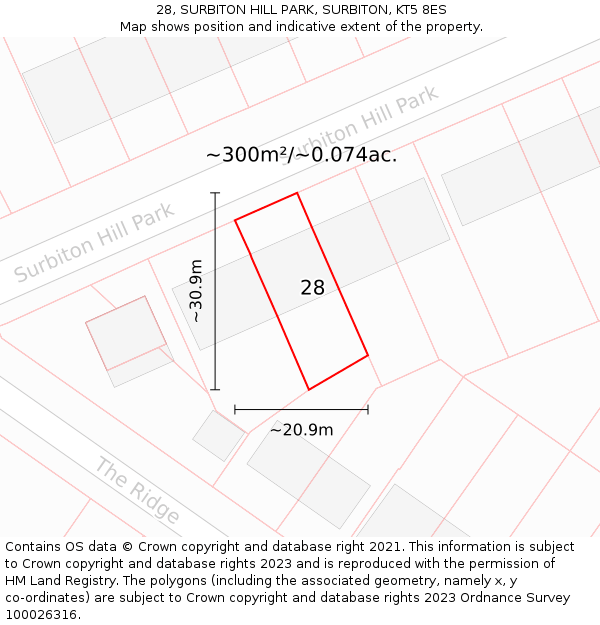 28, SURBITON HILL PARK, SURBITON, KT5 8ES: Plot and title map