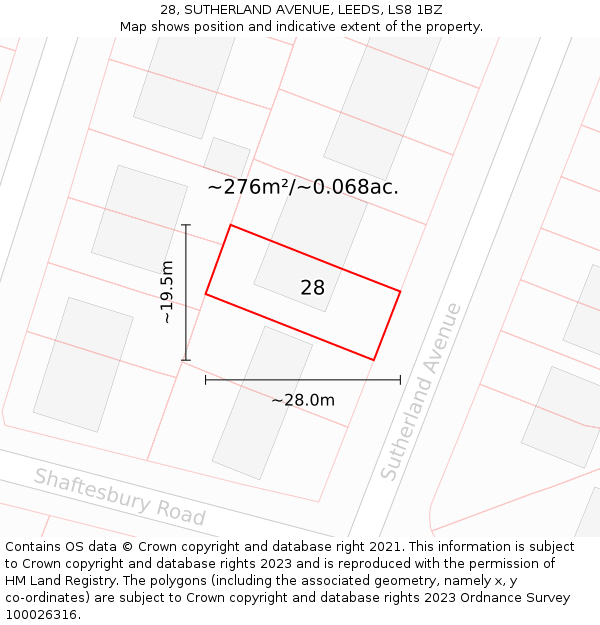 28, SUTHERLAND AVENUE, LEEDS, LS8 1BZ: Plot and title map