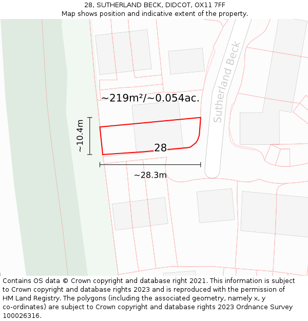 28, SUTHERLAND BECK, DIDCOT, OX11 7FF: Plot and title map