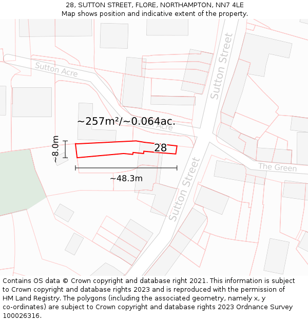 28, SUTTON STREET, FLORE, NORTHAMPTON, NN7 4LE: Plot and title map